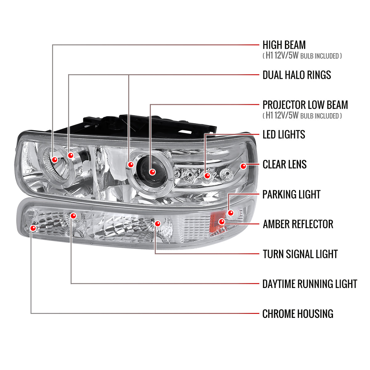 1999-2002 Chevrolet Silverado/ 2000-2006 Tahoe Suburban Dual Halo Projector Headlights w/ Bumper Lights (Chrome Housing/Clear Lens)