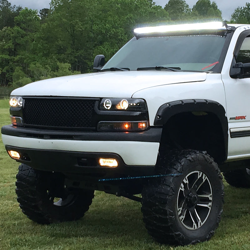 1999-2002 Chevrolet Silverado/ 2000-2006 Tahoe Suburban Dual Halo Projector Headlights w/ Bumper Lights (Matte Black Housing/Clear Lens)