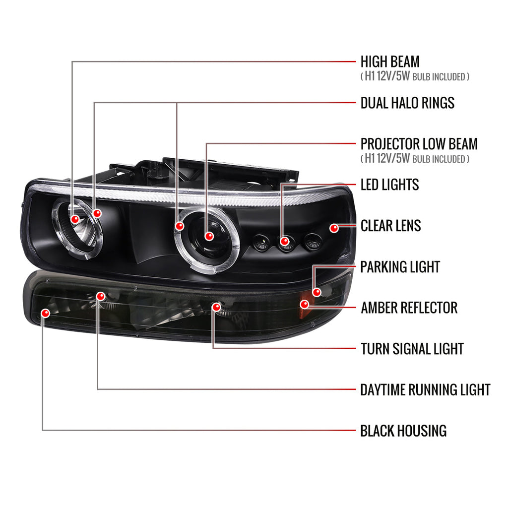 1999-2002 Chevrolet Silverado/ 2000-2006 Tahoe Suburban Dual Halo Projector Headlights w/ Bumper Lights (Matte Black Housing/Clear Lens)