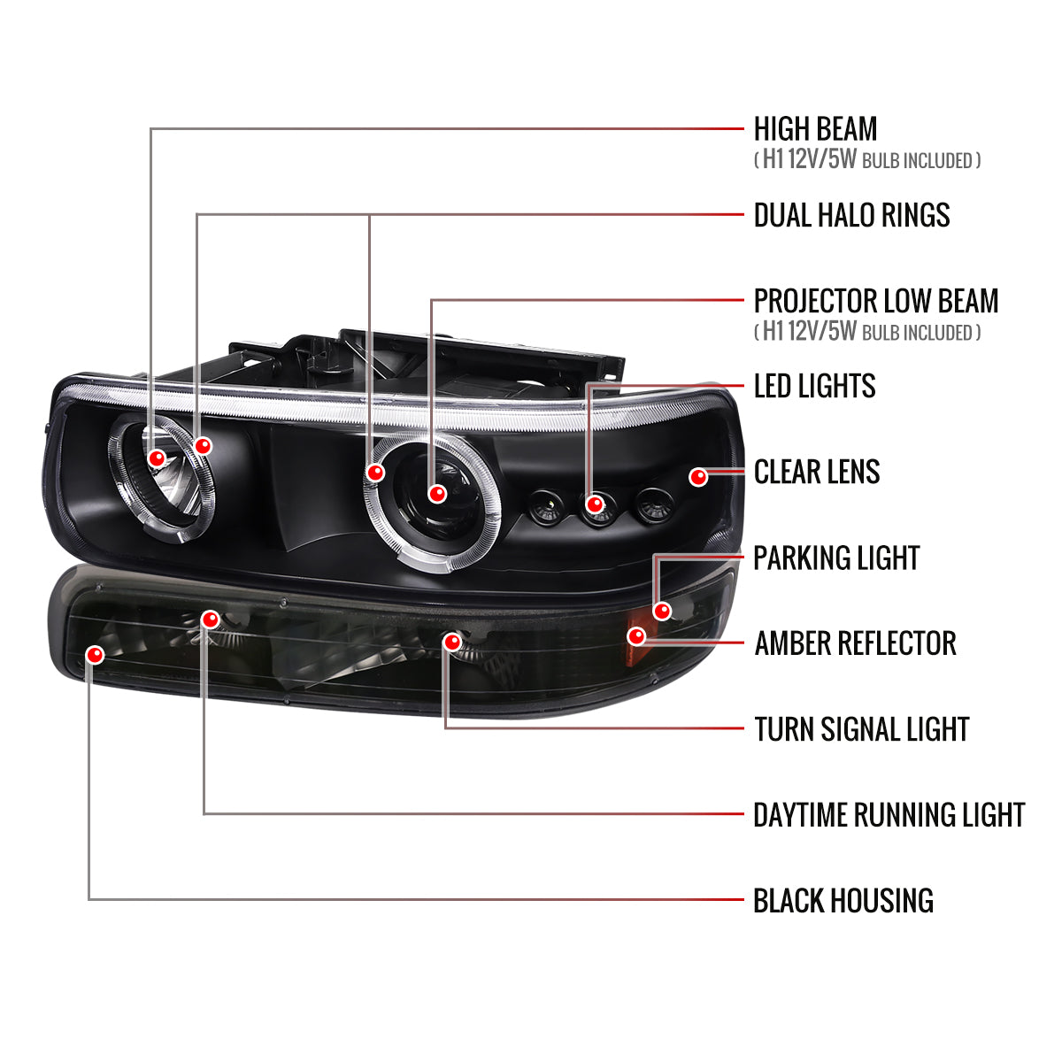 1999-2002 Chevrolet Silverado/ 2000-2006 Tahoe Suburban Dual Halo Projector Headlights w/ Bumper Lights (Matte Black Housing/Clear Lens)