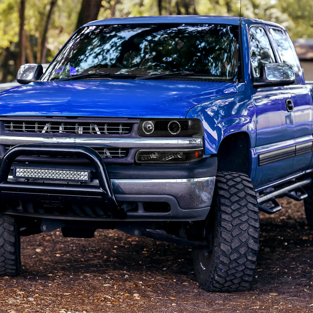1999-2002 Chevrolet Silverado/ 2000-2006 Tahoe Suburban Dual Halo Projector Headlights w/ Bumper Lights (Matte Black Housing/Clear Lens)