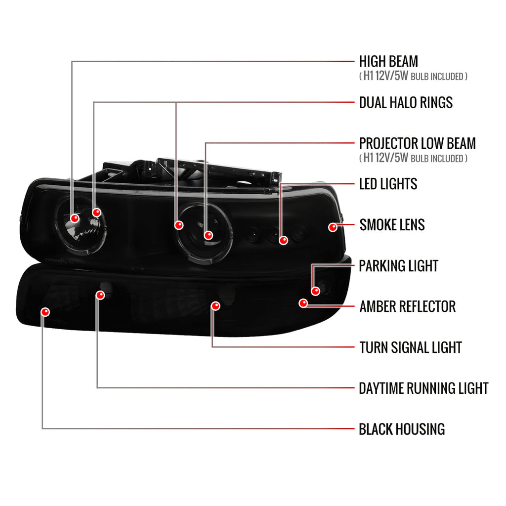 1999-2002 Chevrolet Silverado/ 2000-2006 Tahoe Suburban Dual Halo Projector Headlights w/ Bumper Lights (Black Housing/Smoked Lens)