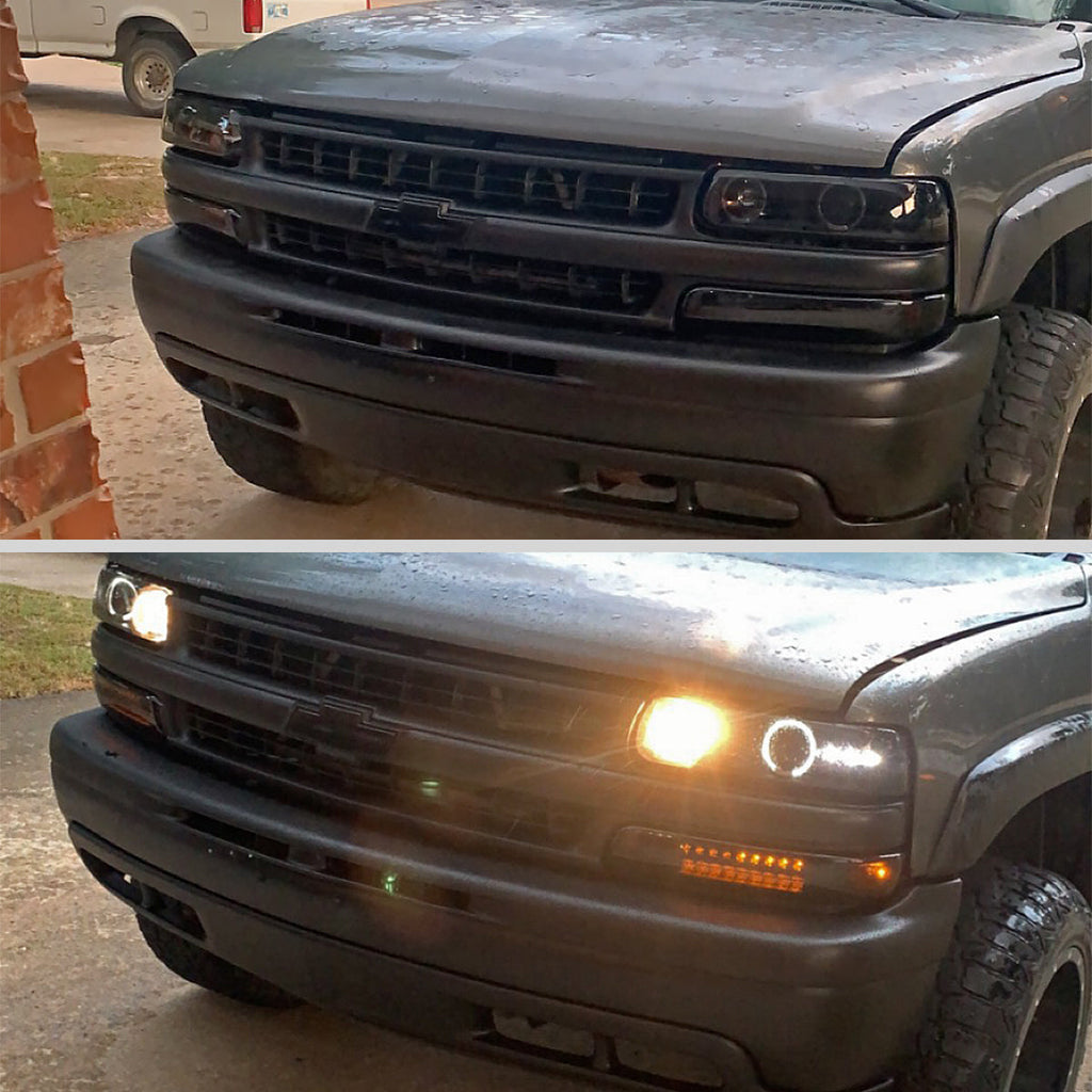 1999-2002 Chevrolet Silverado/ 2000-2006 Tahoe Suburban Dual Halo Projector Headlights w/ Bumper Lights (Black Housing/Smoked Lens)