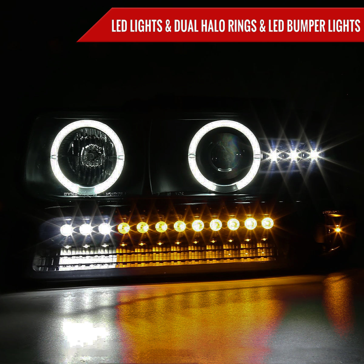 1999-2002 Chevrolet Silverado/ 2000-2006 Chevrolet Tahoe/Suburban Dual Halo Projector Headlights with LED Sequential Turn Signal Bumper Lights (Black Housing/Smoked Lens)