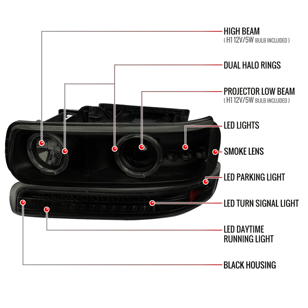 1999-2002 Chevrolet Silverado/ 2000-2006 Chevrolet Tahoe/Suburban Dual Halo Projector Headlights with LED Sequential Turn Signal Bumper Lights (Black Housing/Smoked Lens)