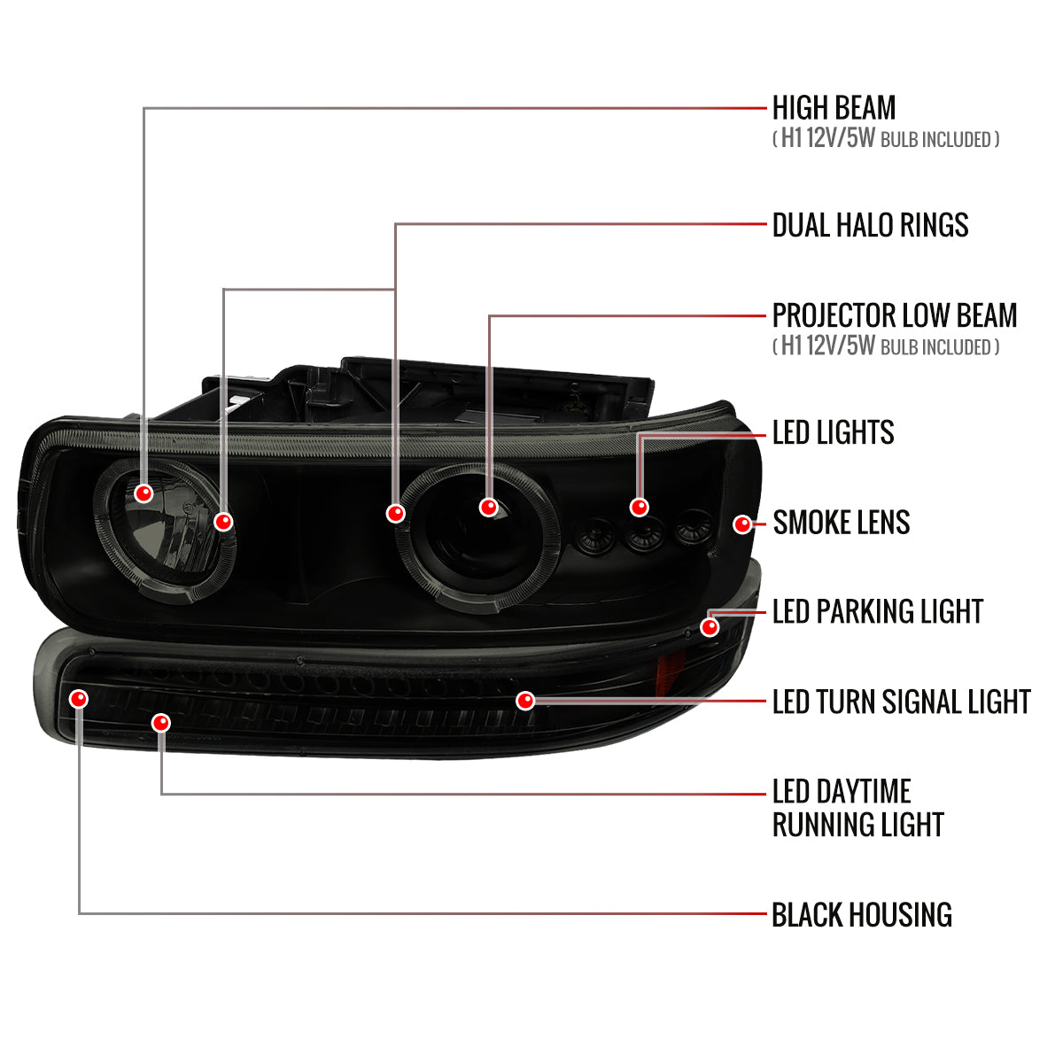 1999-2002 Chevrolet Silverado/ 2000-2006 Chevrolet Tahoe/Suburban Dual Halo Projector Headlights with LED Sequential Turn Signal Bumper Lights (Black Housing/Smoked Lens)