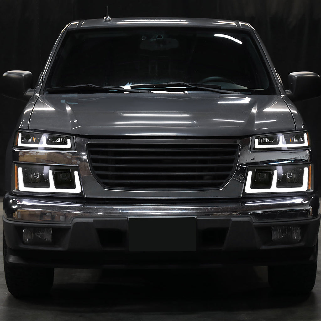 2004-2012 Chevy Colorado GMC Canyon LED Bar Factory Style Headlights w/ Amber Corber Lamp (Matte Black Housing/Clear Lens)