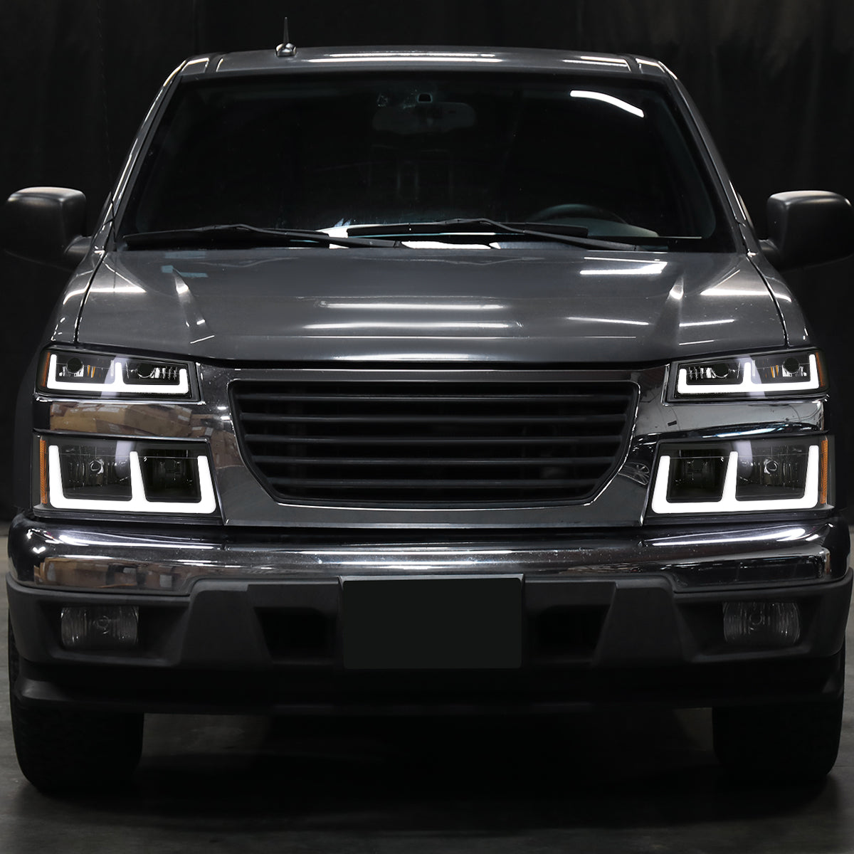 2004-2012 Chevy Colorado GMC Canyon LED Bar Factory Style Headlights w/ Amber Corber Lamp (Matte Black Housing/Clear Lens)