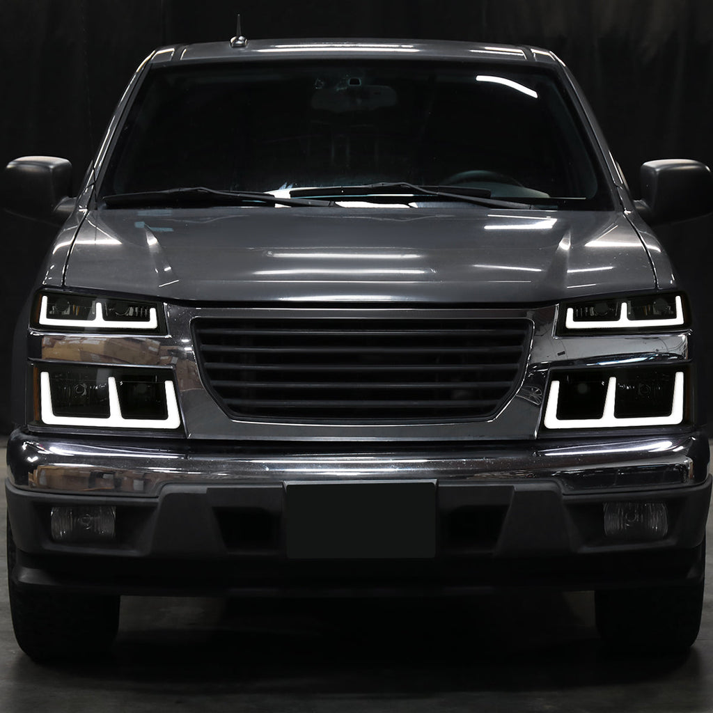 2004-2012 Chevy Colorado GMC Canyon LED Bar Factory Style Headlights w/ Amber Corber Lamp (Matte Black Housing/Smoked Lens)
