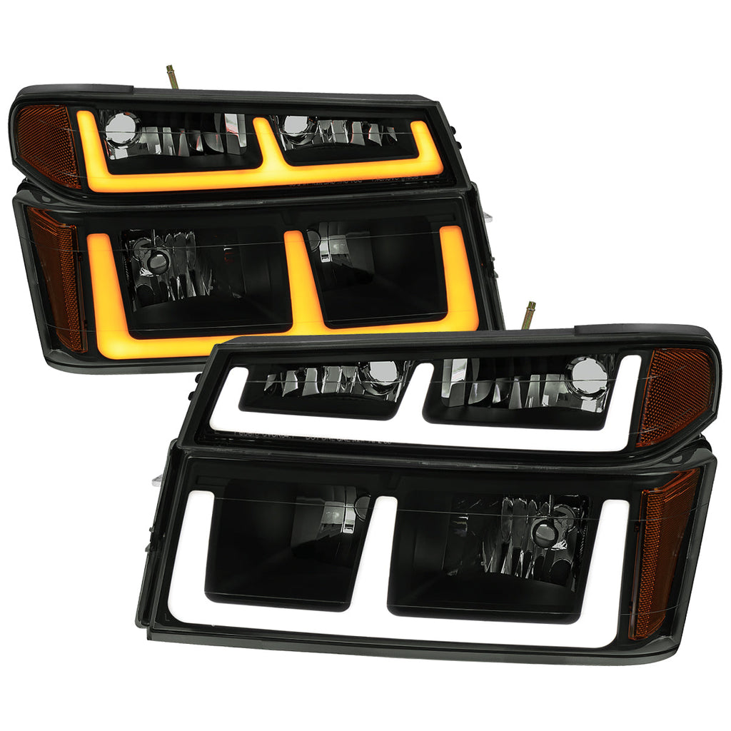 2004-2012 Chevy Colorado GMC Canyon LED Bar Factory Style Headlights w/ Amber Corber Lamp (Matte Black Housing/Smoked Lens)