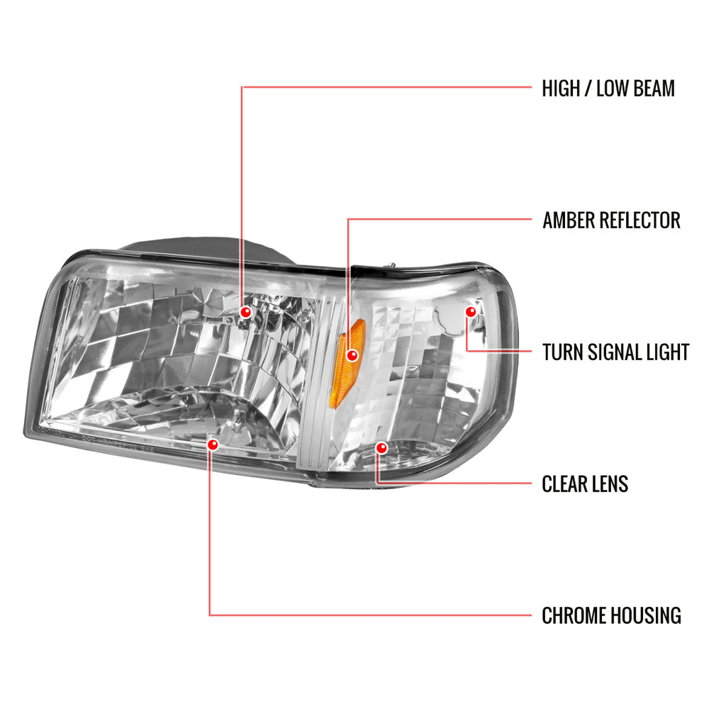 1993-1997 Ford Ranger Factory Style Headlights w/ Corner Signal Lights (Chrome Housing/Clear Lens)