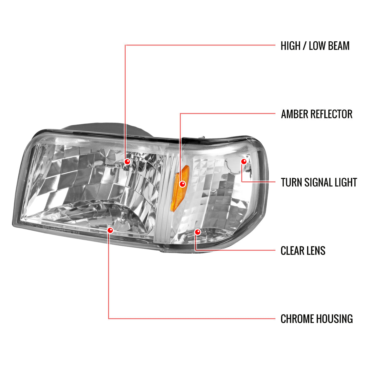 1993-1997 Ford Ranger Factory Style Headlights w/ Corner Signal Lights (Chrome Housing/Clear Lens)