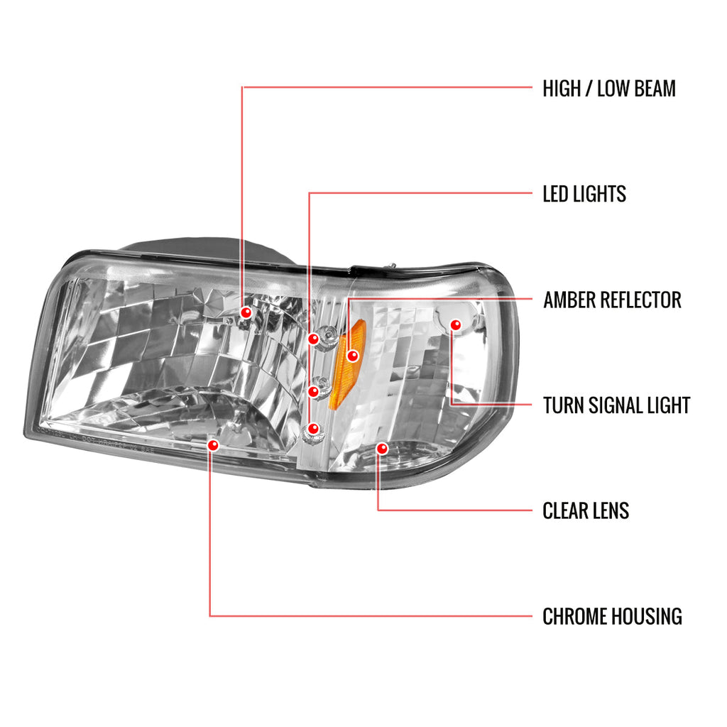 1993-1997 Ford Ranger Factory Style V2 Headlights w/ Corner Signal Lights (Chrome Housing/Clear Lens)