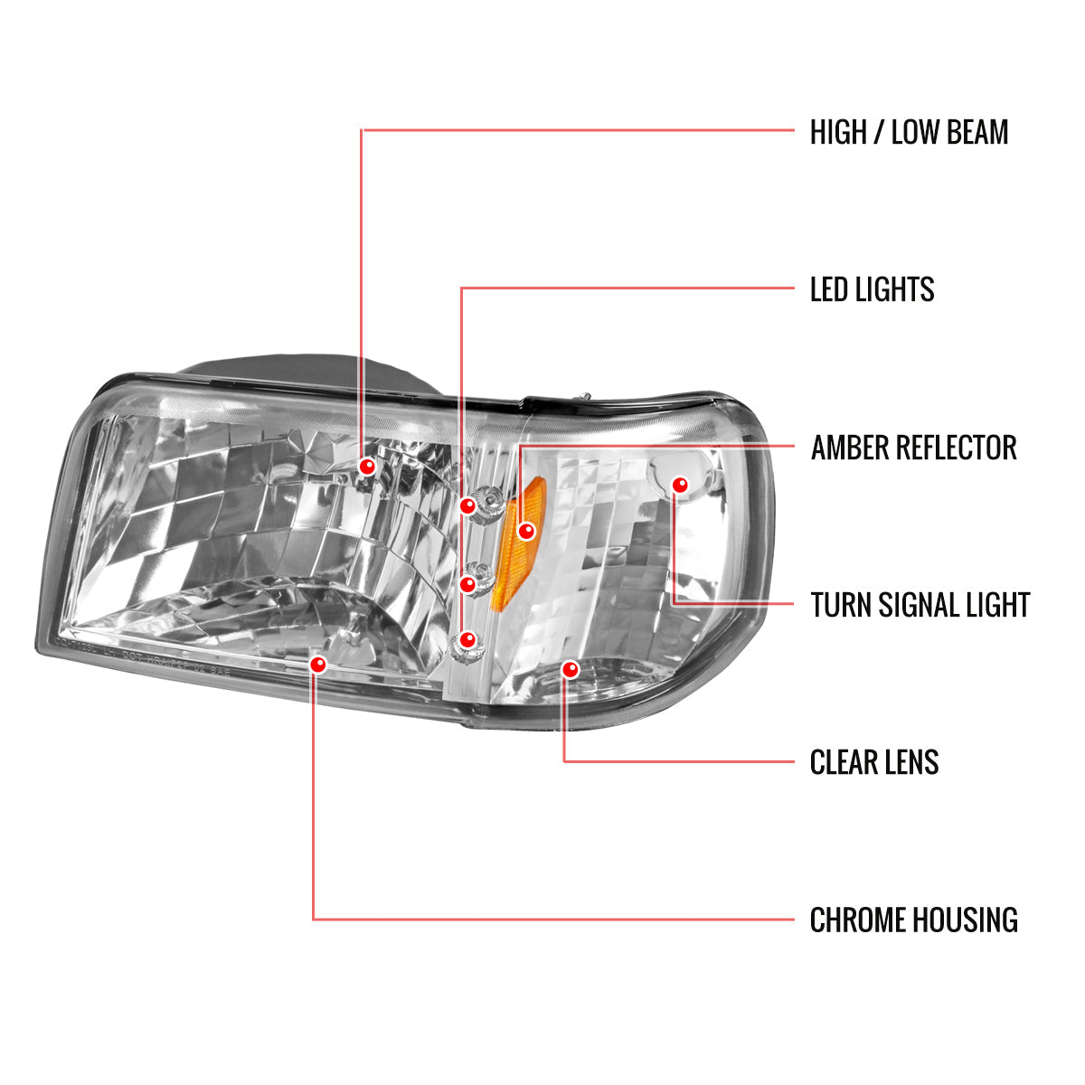 1993-1997 Ford Ranger Factory Style V2 Headlights w/ Corner Signal Lights (Chrome Housing/Clear Lens)