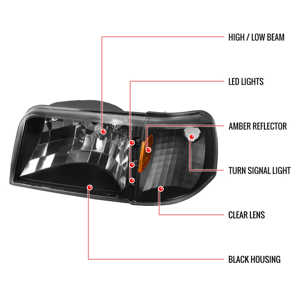 1993-1997 Ford Ranger Factory Style V2 Headlights w/ Corner Lights (Matte Black Housing/Clear Lens)