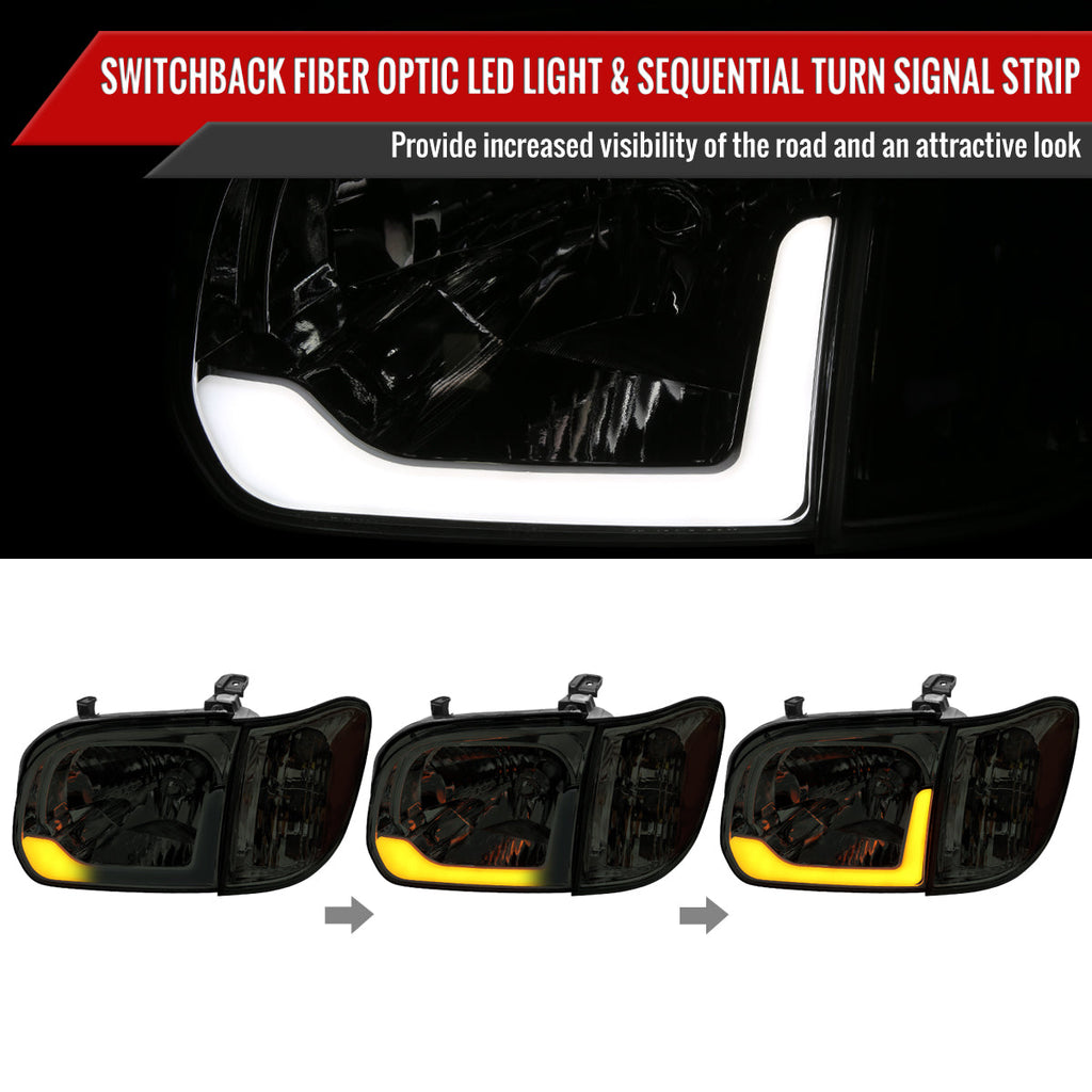2005-2006 Toyota Tundra/2005-2007 Sequoia Switchback Sequential LED Bar Factory Style Headlights w/Corner Lamps (Chrome Housing/Smoked Lens)