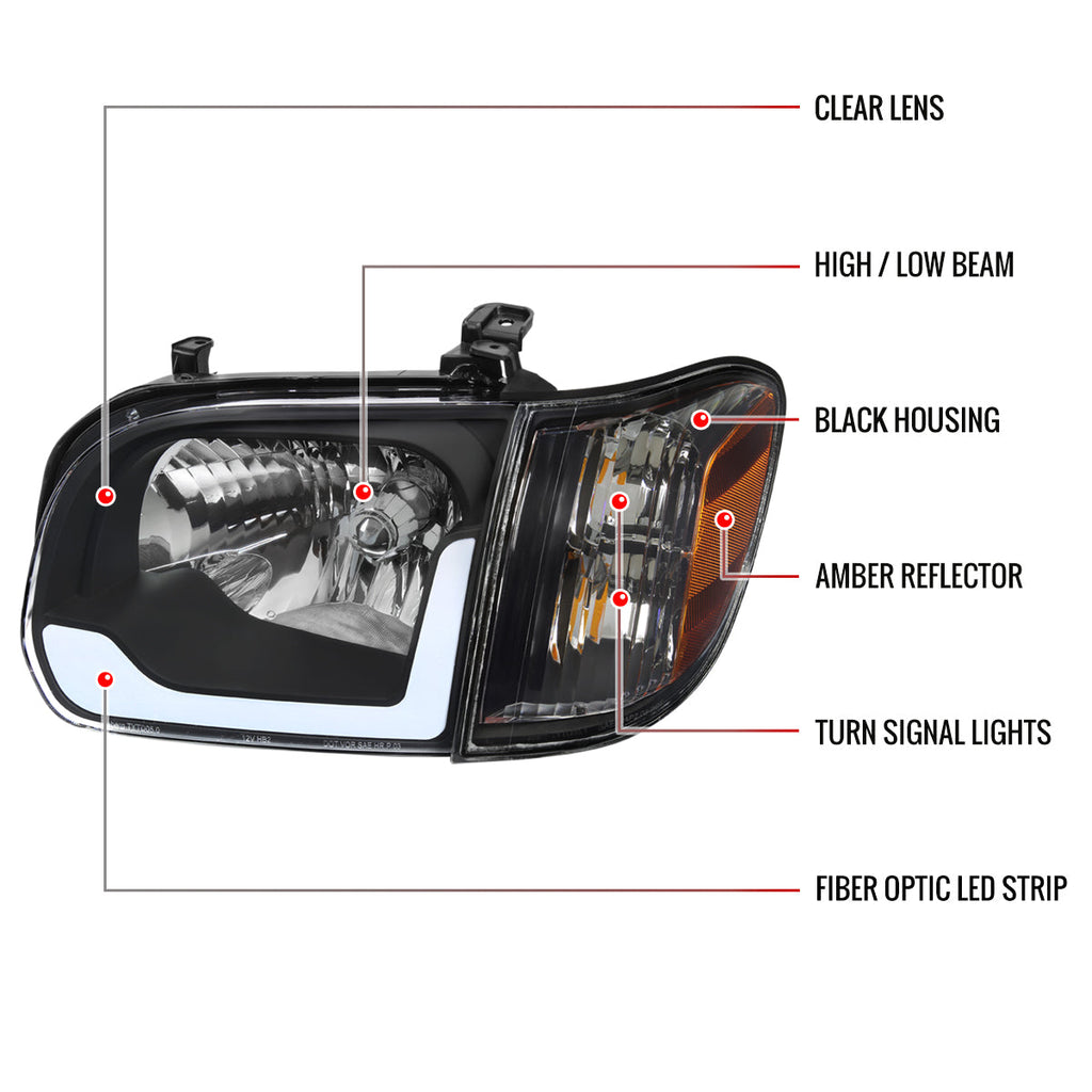2005-2006 Toyota Tundra/2005-2007 Sequoia LED Bar Factory Style Headlights w/Corner Lamps and Amber Reflector (Matte Black Housing/Clear Lens)