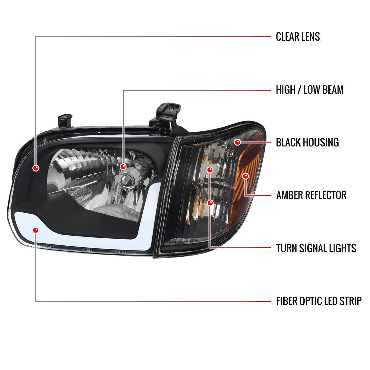 2005-2006 Toyota Tundra/2005-2007 Sequoia LED Bar Factory Style Headlights w/Corner Lamps and Amber Reflector (Matte Black Housing/Clear Lens)