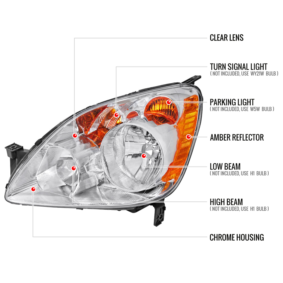 2005-2006 Honda CR-V Factory Style JP Headlights with Amber Reflectors (Chrome Housing/Clear Lens)
