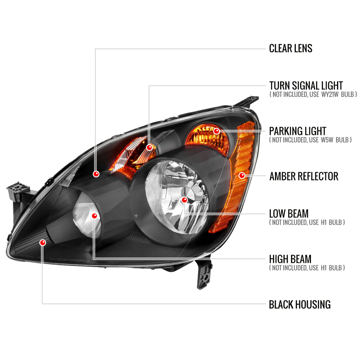 2005-2006 Honda CR-V Factory Style JP Headlights with Amber Reflectors (Matte Black Housing/Clear Lens)