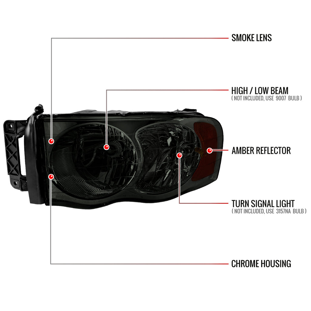 2002-2005 Dodge RAM 1500/ 2003-2005 RAM 2500 3500 Factory Style Headlights (Chrome Housing/Smoked Lens)