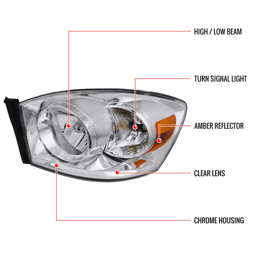 2006-2008 Dodge RAM 1500/ 2006-2009 RAM 2500 3500 Factory Style Crystal Headlights (Chrome Housing/Clear Lens)