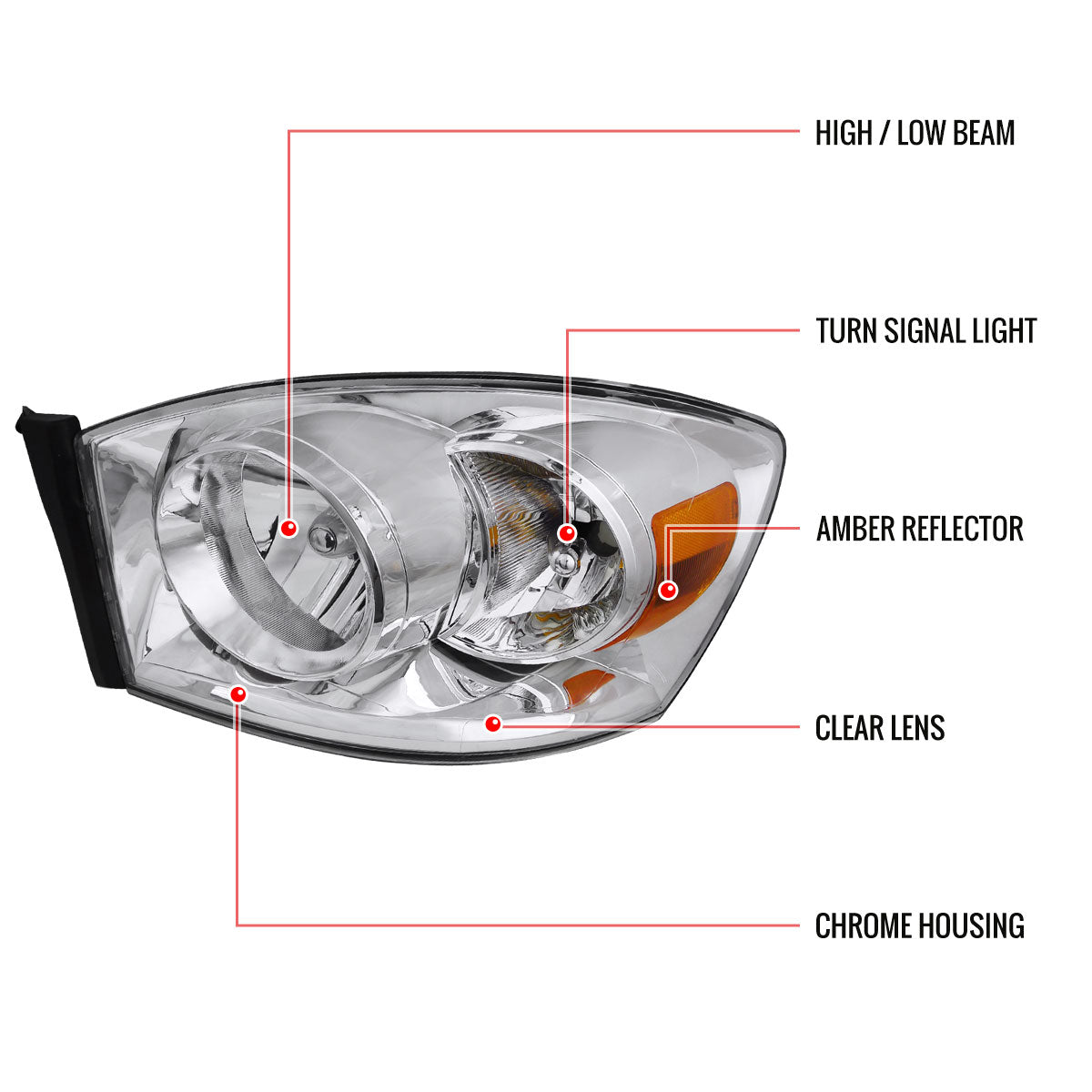 2006-2008 Dodge RAM 1500/ 2006-2009 RAM 2500 3500 Factory Style Crystal Headlights (Chrome Housing/Clear Lens)