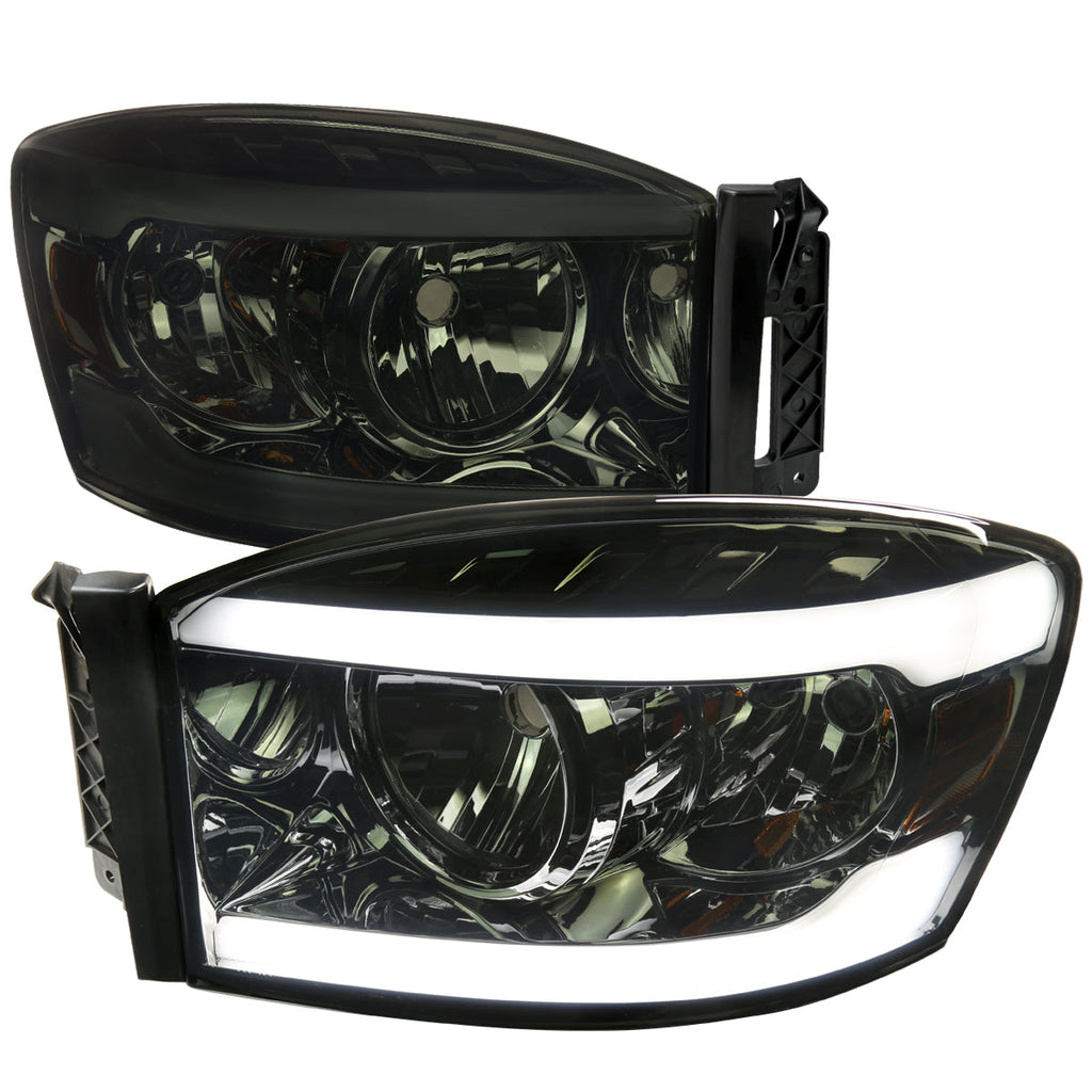2006-2008 Dodge RAM 1500/ 2006-2009 RAM 2500 3500 LED Bar Factory Style Crystal Headlights (Chrome Housing/Smoked Lens)