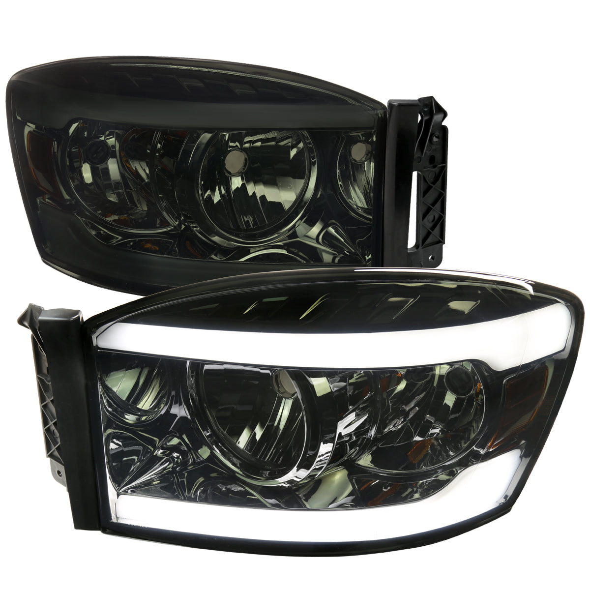 2006-2008 Dodge RAM 1500/ 2006-2009 RAM 2500 3500 LED Bar Factory Style Crystal Headlights (Chrome Housing/Smoked Lens)