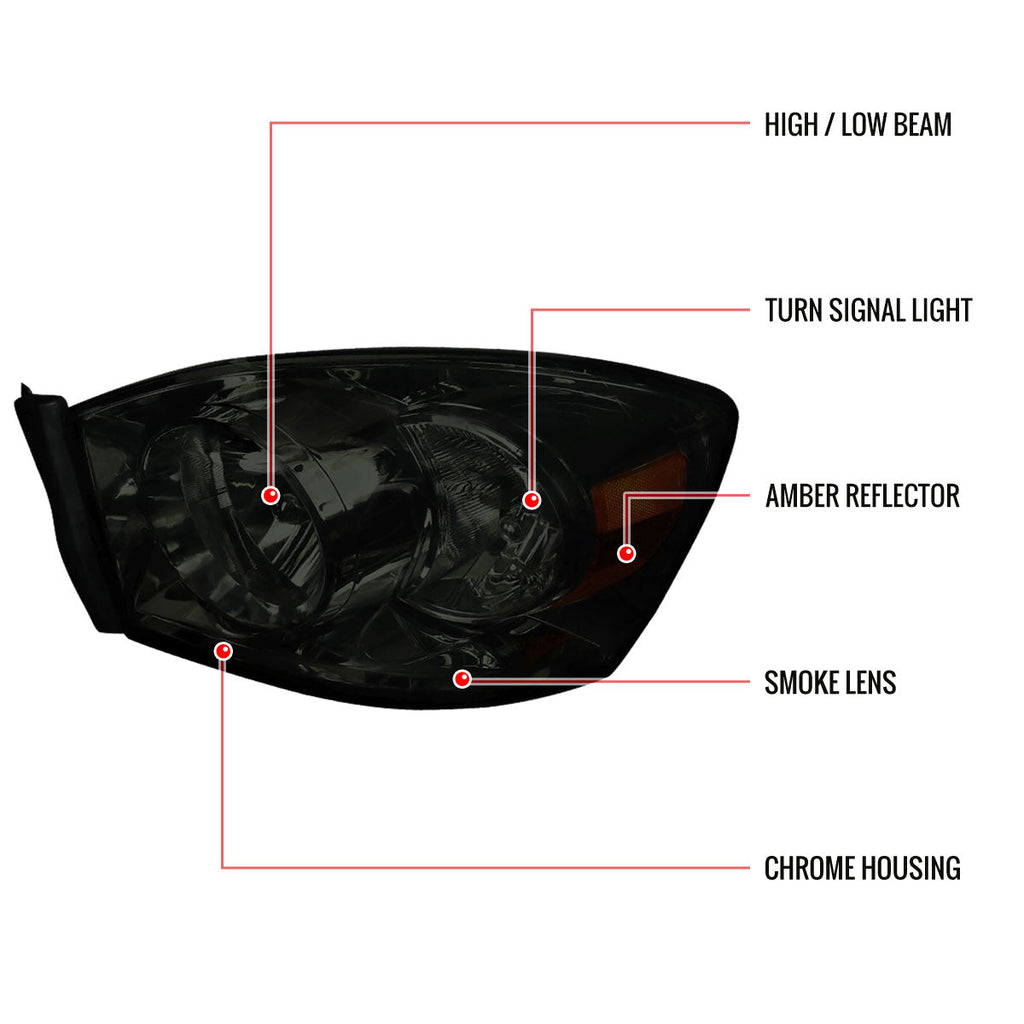 2006-2008 Dodge RAM 1500/ 2006-2009 RAM 2500 3500 Factory Style Crystal Headlights (Chrome Housing/Smoked Lens)