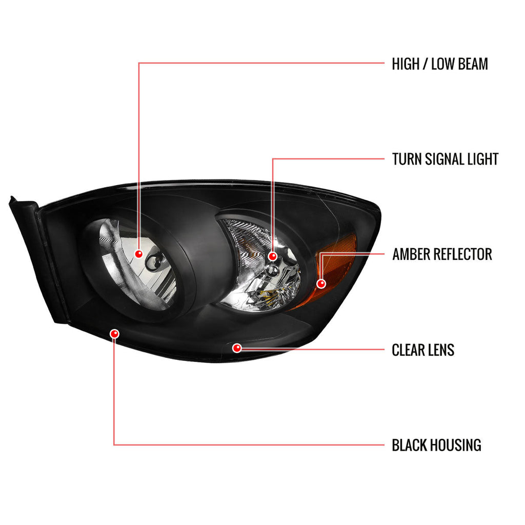 2006-2008 Dodge RAM 1500/ 2006-2009 RAM 2500 3500 Factory Style Crystal Headlights (Matte Black Housing/Clear Lens)