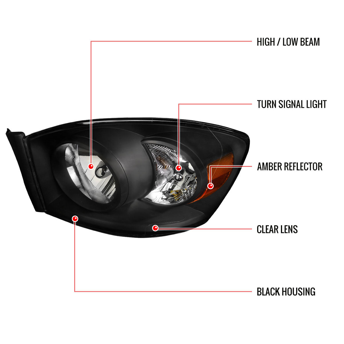 2006-2008 Dodge RAM 1500/ 2006-2009 RAM 2500 3500 Factory Style Crystal Headlights (Matte Black Housing/Clear Lens)