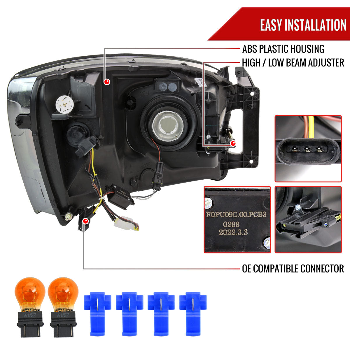 2006-2008 Dodge RAM 1500/ 2006-2009 RAM 2500 3500 LED Tube Factory Style Headlights with Amber Reflector (Chrome Housing/Light Smoked Lens)