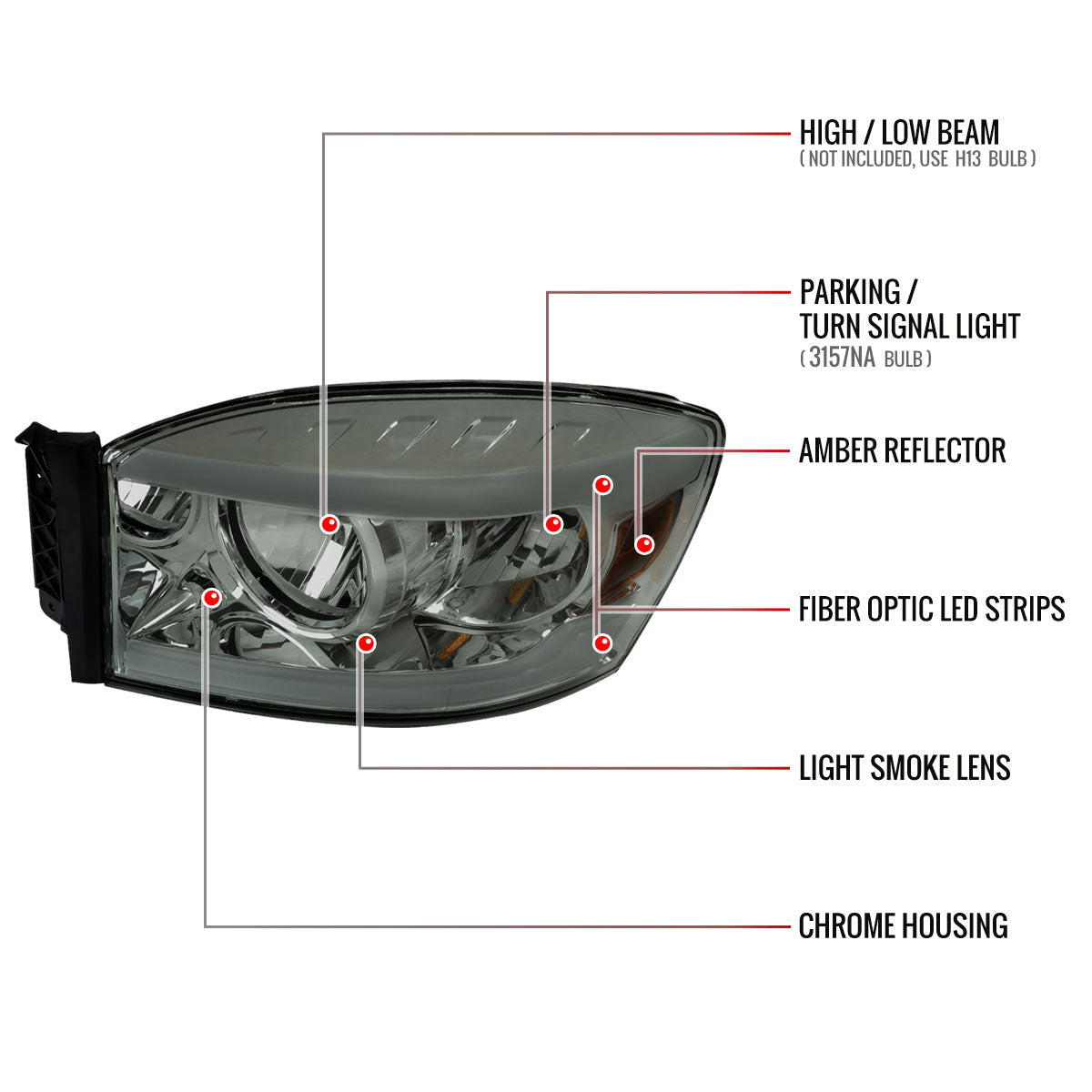 2006-2008 Dodge RAM 1500/ 2006-2009 RAM 2500 3500 LED Tube Factory Style Headlights with Amber Reflector (Chrome Housing/Light Smoked Lens)