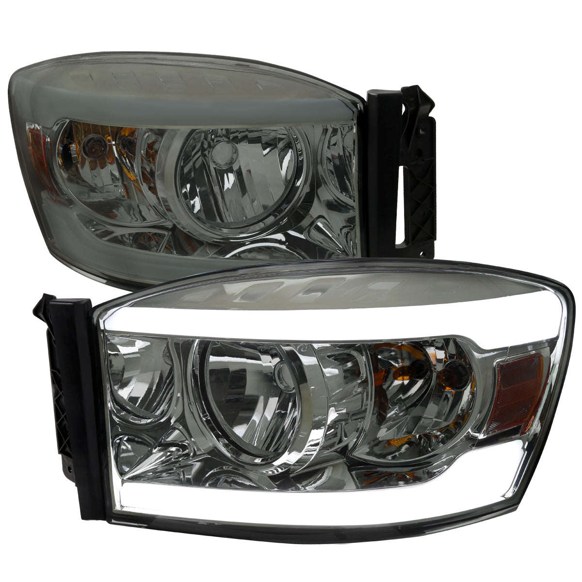 2006-2008 Dodge RAM 1500/ 2006-2009 RAM 2500 3500 LED Tube Factory Style Headlights with Amber Reflector (Chrome Housing/Light Smoked Lens)