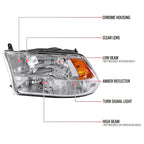 2009-2018 Dodge RAM 1500/ 2019-2021 RAM Classic/ 2010-2018 RAM 2500 3500 Factory Quad Style Headlights (Chrome Housing/Clear Lens)