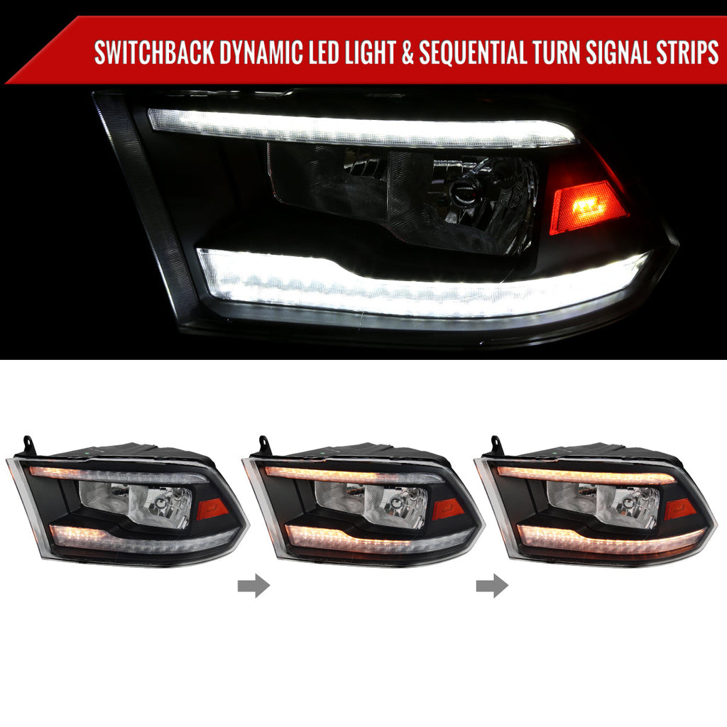 2009-2018 Dodge RAM 1500/2010-2018 RAM 2500 3500 Dual Switchback Sequential LED Bar Factory Style Headlights (Matte Black Housing/Clear lens)