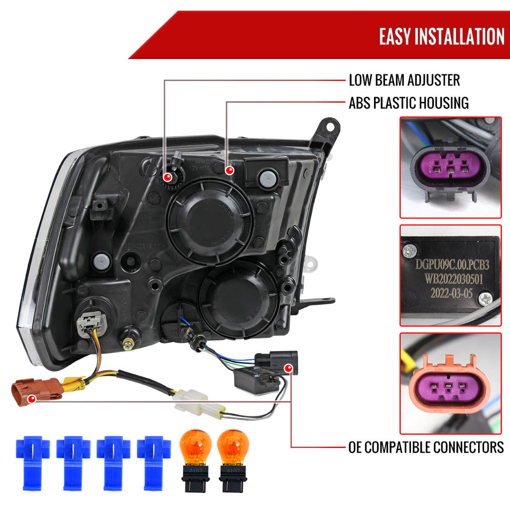 2009-2019 Dodge Ram 1500/ 2010-2019 Dodge Ram 2500/3500 LED Strip Factory Style Headlights (Matte Black Housing/Clear Lens)