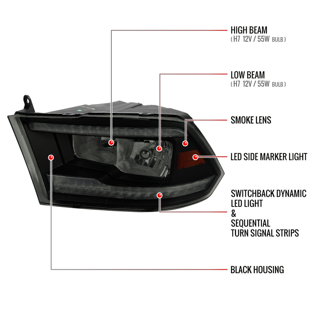 2009-2018 Dodge RAM 1500/2010-2018 RAM 2500 3500 Dual Switchback Sequential LED Bar Factory Style Headlights (Matte Black Housing/Smoked lens)