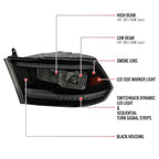 2009-2018 Dodge RAM 1500/2010-2018 RAM 2500 3500 Dual Switchback Sequential LED Bar Factory Style Headlights (Matte Black Housing/Smoked lens)