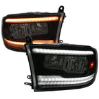 2009-2018 Dodge RAM 1500/2010-2018 RAM 2500 3500 Dual Switchback Sequential LED Bar Factory Style Headlights (Matte Black Housing/Smoked lens)