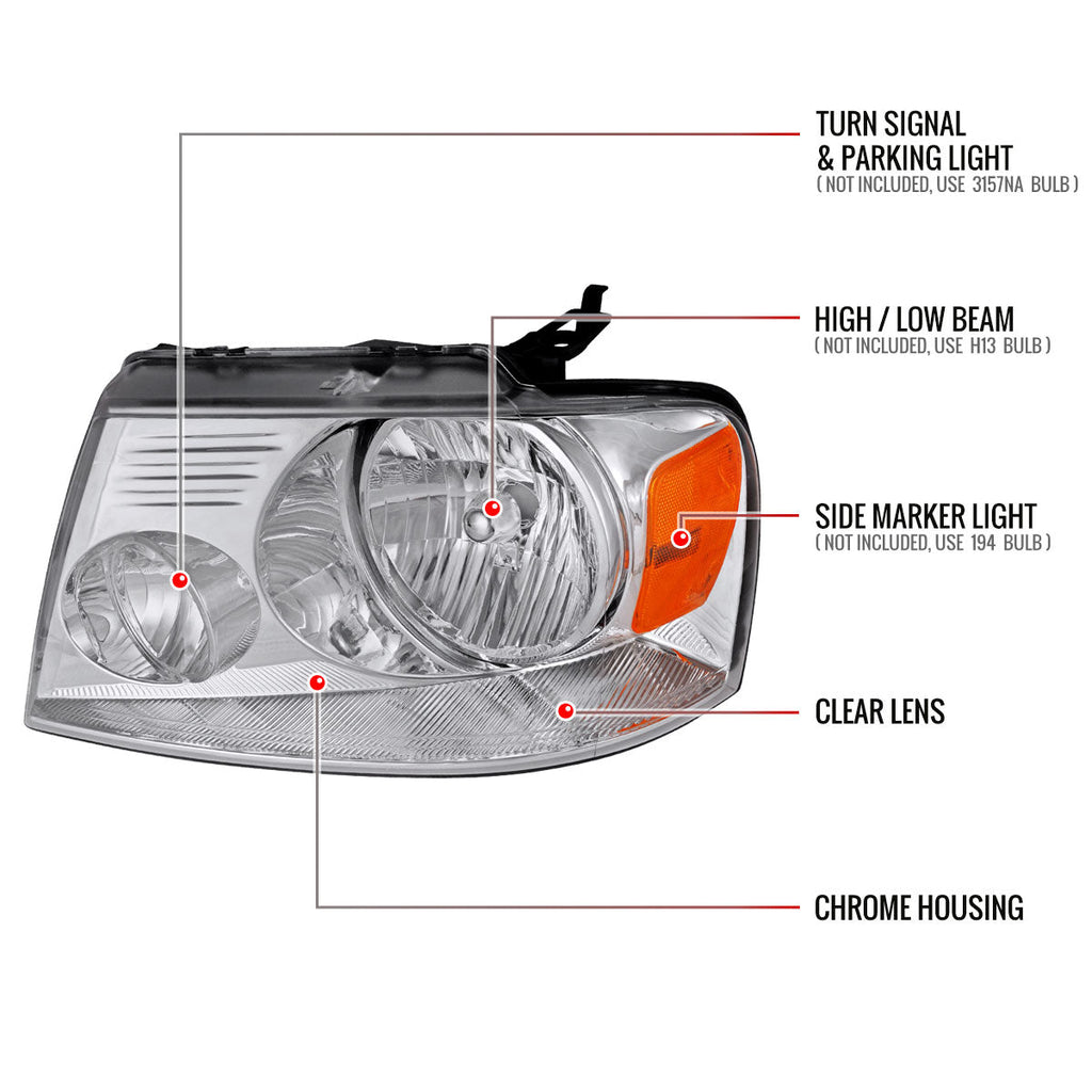 2004-2008 Ford F-150/ 2006-2008 Lincoln Mark LT Replacement Crystal Headlights w/ Amber Reflector (Chrome Housing/Clear Lens)