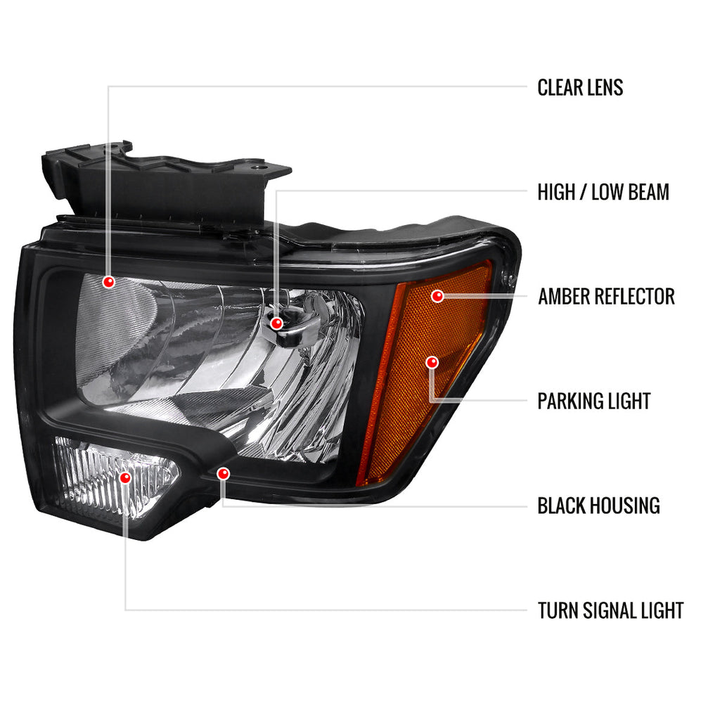 2009-2014 Ford F-150 Factory Style Crystal Headlights w/ Amber Reflector (Matte Black Housing/Clear Lens)