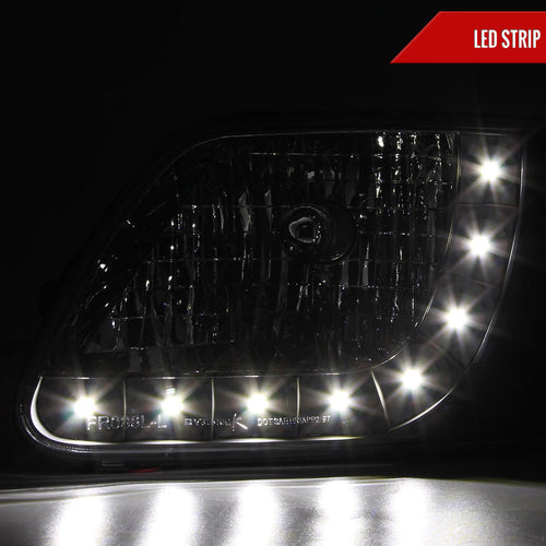 1997-2004 Ford F-150/Expedition Factory Style Crystal Headlights w/ SMD LED Light Strip (Matte Black Housing/Clear Lens)