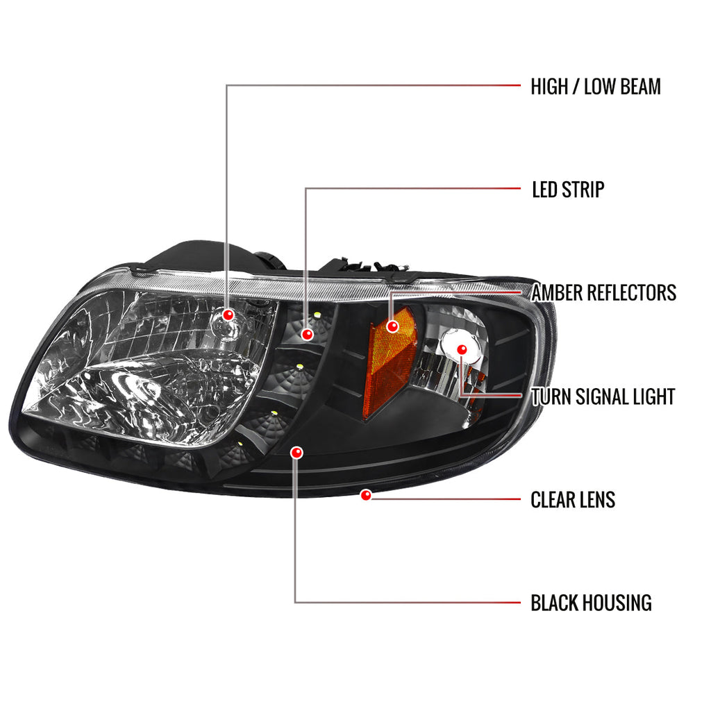 1997-2004 Ford F-150/Expedition Factory Style Crystal Headlights w/ SMD LED Light Strip (Matte Black Housing/Clear Lens)