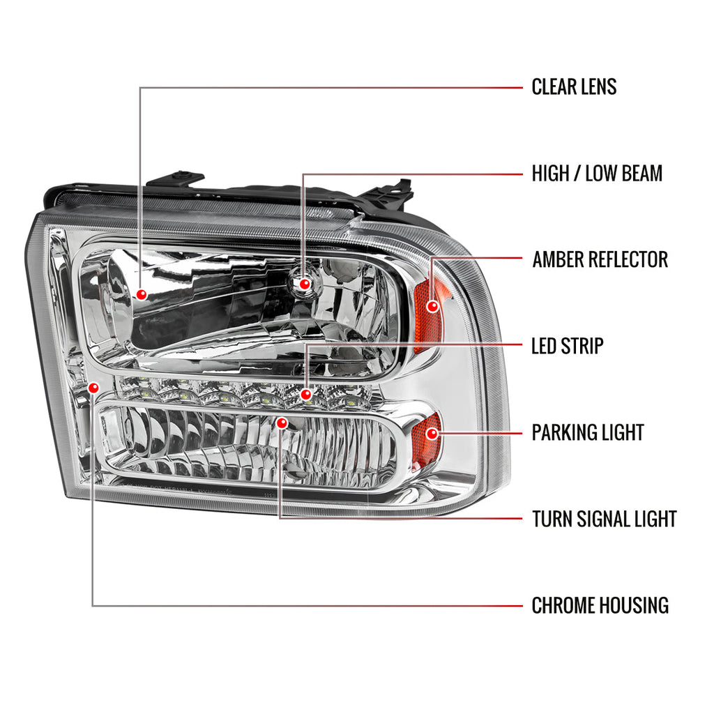2005-2007 Ford F-250/F-350/F-450/F-550/Excursion Crystal Headlights w/ SMD LED Light Strip (Chrome Housing/Clear Lens)