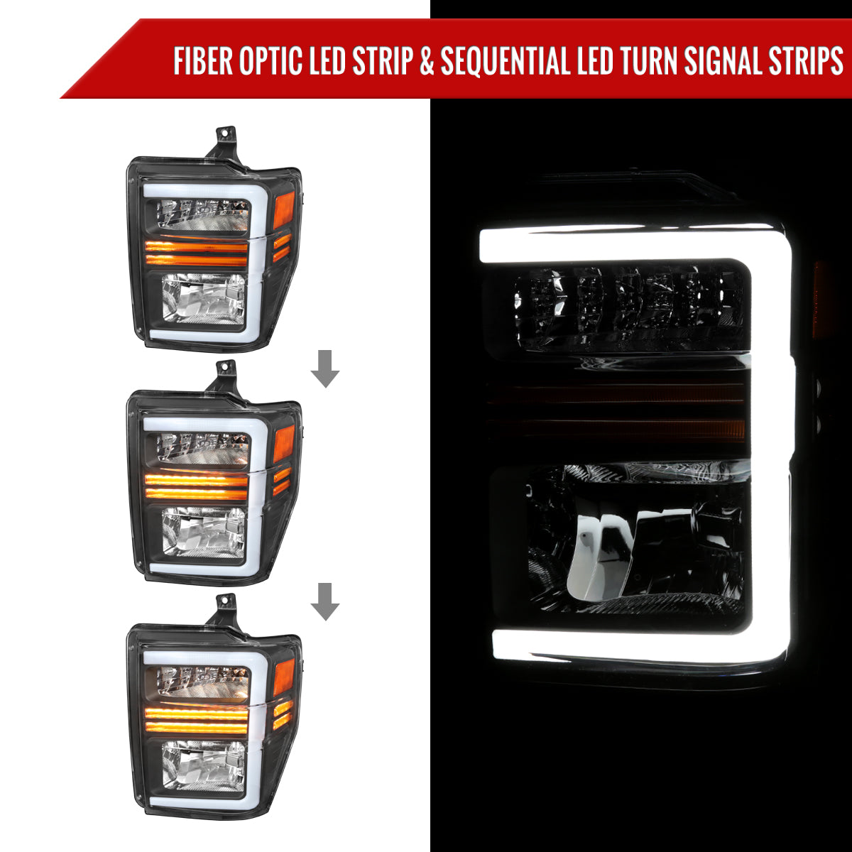 2008-2010 Ford F-250/F-350/F-450/F-550 Super Duty LED Sequential Signal Factory Style Headlights (Matte Black Housing/Clear Lens)