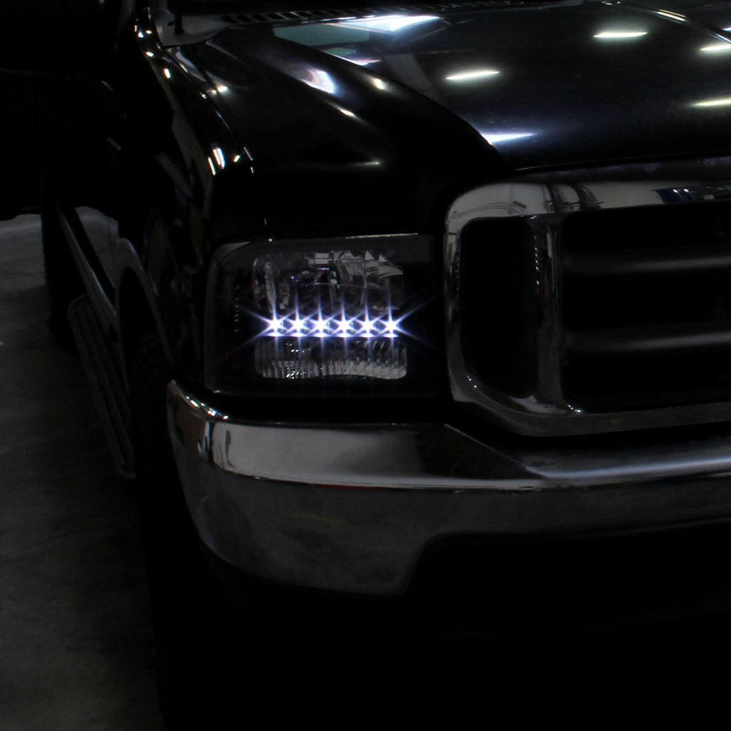 1999-2004 Ford F-250/F-350/F-450/F-550/Excursion Crystal Headlights w/ SMD LED Light Strip (Matte Black Housing/Clear Lens)