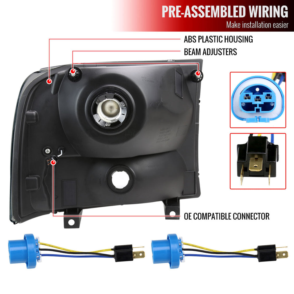 1999-2004 Ford F-250/F-350/F-450/F-550/2000-2004 Excursion Euro Factory Style Headlights with Dual LED C-Bar  (Matte Black Housing/Clear Lens)