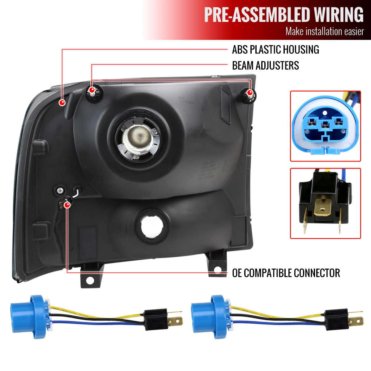 1999-2004 Ford F-250/F-350/F-450/F-550/2000-2004 Excursion Euro Factory Style Headlights with Dual LED C-Bar  (Matte Black Housing/Clear Lens)